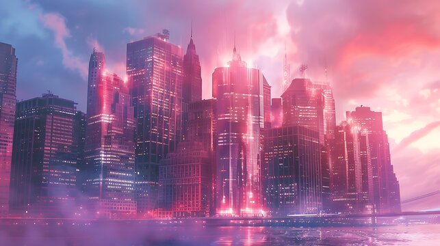 New York City buildings with a cybersecurity HUD hologram, showcasing the intersection of urban architecture and advanced technology for digital security