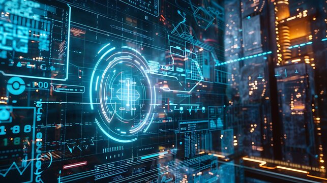 New York City buildings with a cybersecurity HUD hologram, showcasing the intersection of urban architecture and advanced technology for digital security