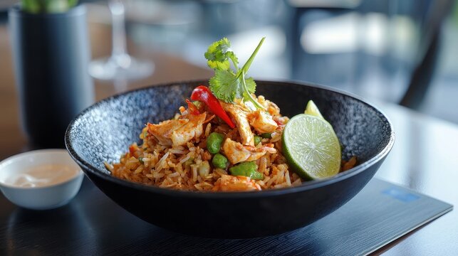 Delicious Chicken Fried Rice Garnished with Lime and Fresh Herbs in Elegant Bowl thai food
