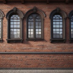Brick wall with multiple windows and ornate details, brick wall, columns, windows