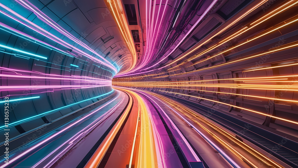 Poster neon speed tunnel: abstract light trails streak through a futuristic tunnel, creating a vibrant, dyn
