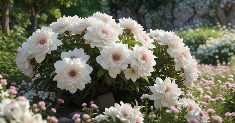 Bush covered in large white flowers with pink tips , floral arrangement, outdoor decor, hydrangea panicle