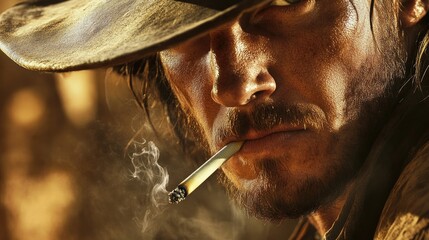 A rugged man with a cigarette, exuding a tough, gritty vibe in a western setting.