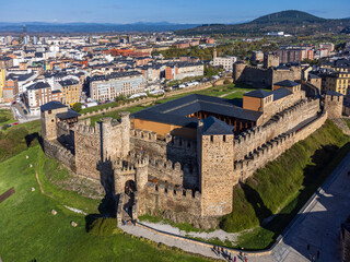 Aerial view of Ponferrada Castle (Templar Castle), Ponferrada, capital of Bierzo, Castile and Leon, Spain