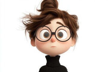 A quirky cartoon character with disheveled brown hair