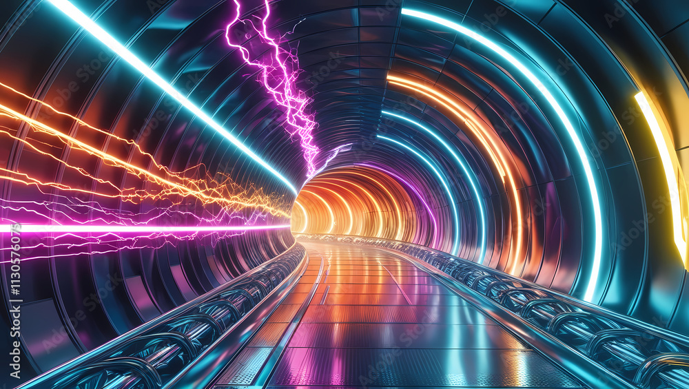 Poster neon tunnel: a vibrant and futuristic tunnel lined with glowing neon lights, creating an abstract an