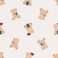 Seamless pattern with cute Christmas teddy bear. Flat vector background. Christmas design. Creative texture for fabric, wrapping, textile, wallpaper, apparel.