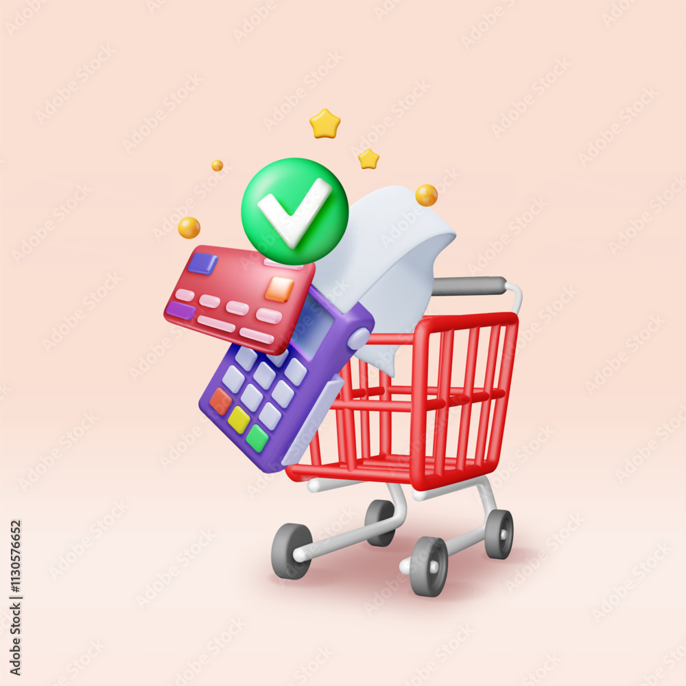 Poster 3d payment terminal with card and shopping cart. render modern pos bank payment device. payment nfc 