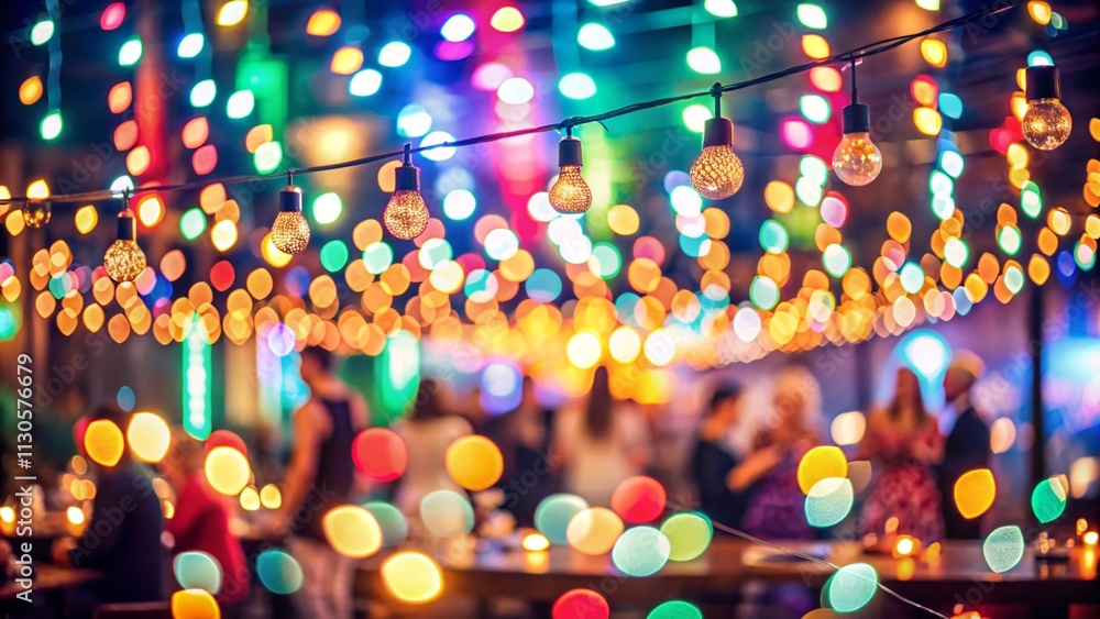 Poster party - colorful bokeh and retro string lights in festive background
