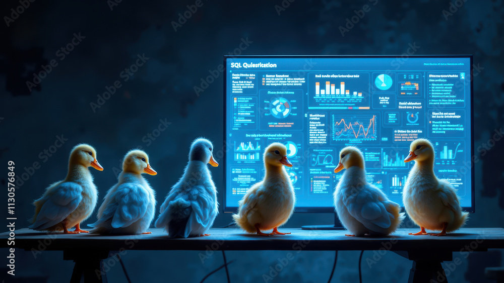 Poster a group of young ducks facing a television screen displaying financial data, symbolizing the idea of