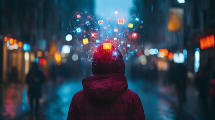 Social media alerts highlight digital addiction in a rainy city. Generative AI.