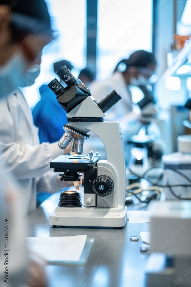 Aufkleber forensic scientists analyzing hair samples with advanced microscopy technology in modern laboratory
