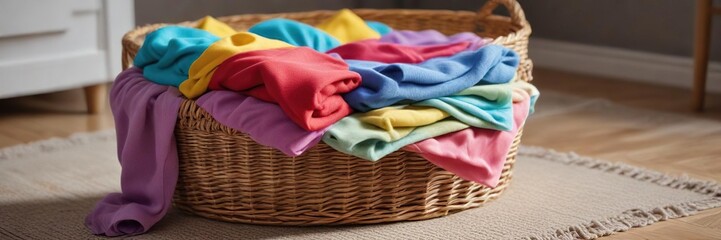 Colorful fleece blankets scattered around a wicker laundry basket on the floor , warm, wicker basket