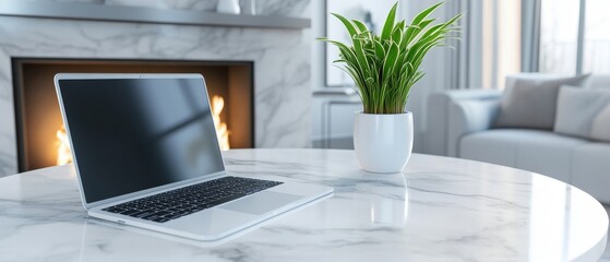 Fototapeta premium Sleek Laptop on Elegant Marble Table with Modern Living Room in the Background