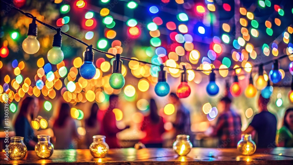 Poster party - colorful bokeh and retro string lights in festive background