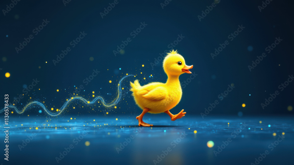 Poster a yellow cartoon duck running with a dynamic trail behind it on a starry background.