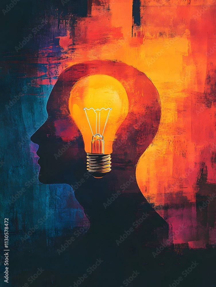 Poster creative thought represented by a glowing light bulb and abstract colors. generative ai.