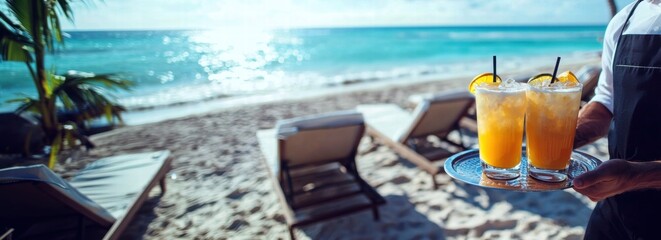 Obraz premium Server presenting refreshing cocktails at a sunny beachside resort.