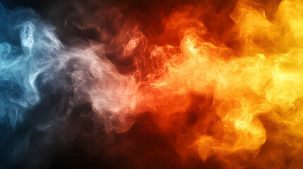 Fototapeta premium Abstract fiery and icy swirls background, a fiery orange and cool blue smoke blend beautifully together, creating a mesmerizing visual spectacle.