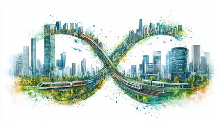 Obraz premium Infinite symbol vector art illustration that combines urban landscape with business people. Cities, high-rise buildings, green spaces, and trains are connected through harmonious design