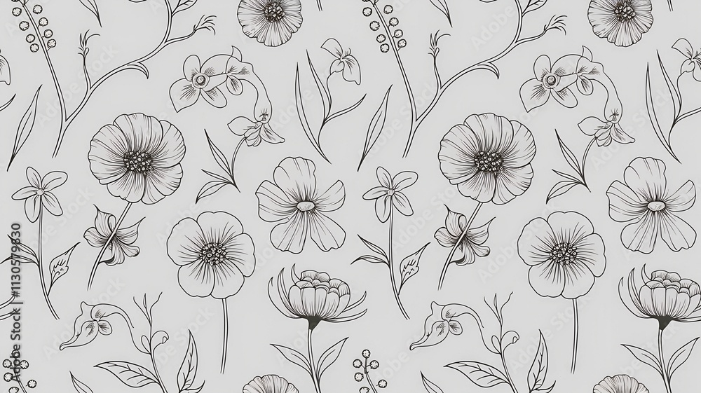Poster a delicate floral pattern featuring sketched poppies and various botanical elements on a light backg