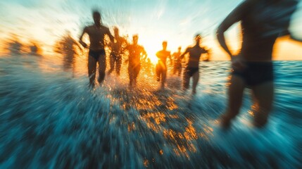Runners splashing in surf at sunset.