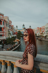 Young woman in Grand World architecture Phu Quoc island