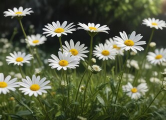 Delicate white daisy stems dancing in a gentle summer gust, soft focus, blurred background