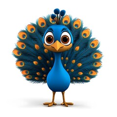 Colorful Cartoon Peacock Character with Vibrant Feathers and Big Eyes, Displaying Its Beautiful Plumage and Playful Personality in a Fun Art Style