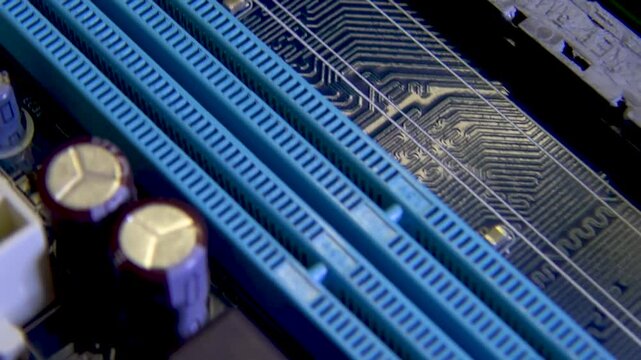 Memory slots and motherboard contacts close-up