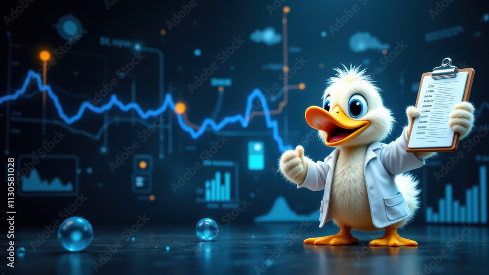 Poster an anthropomorphic duck dressed as a doctor, analyzing graphs and data on a glowing blue background,