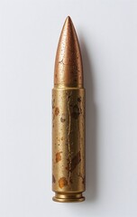 Close-up of a vintage, weathered bullet with a copper tip and tarnished brass casing against a plain background.