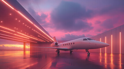Private Jet in Neon-Lit Hangar at Sunset, Luxury Aircraft Parks Elegantly Under Vibrant Pink Sky, Illustrative Digital Art