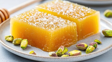 Sweet and Delicious Honey Candy with Crunchy Pistachios on a Rustic Plate Arabic Sweets and Desserts