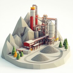 Industrial Landscape with Processing Facility and Mountains