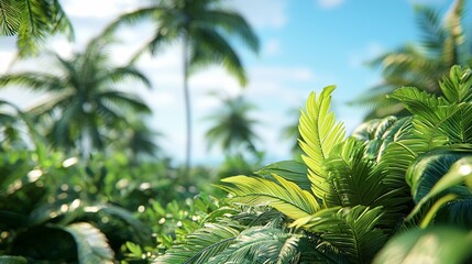 Fototapeta premium Lush tropical foliage, vibrant greenery, sunlight 