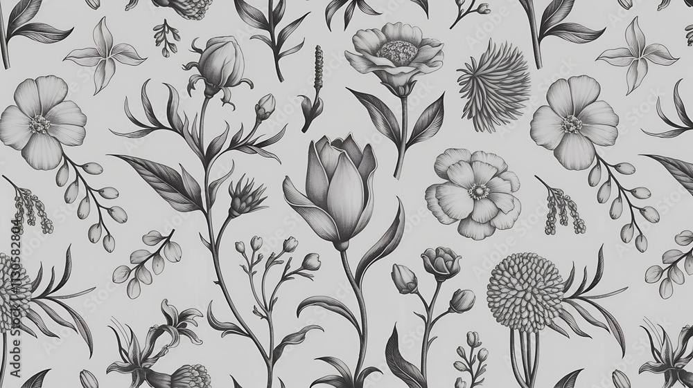Poster A grayscale floral pattern featuring various botanical illustrations arranged in a repeating design format