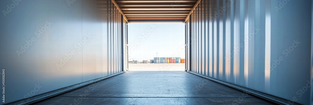 Poster view from inside a shipping container, highlighting contrasting light and shadows.