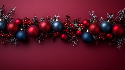 Thin holiday garland strand with mini baubles on deep maroon background