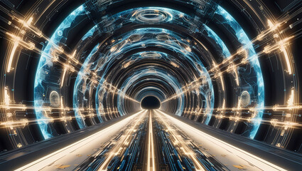 Naklejka premium Cosmic Passage: A mesmerizing journey into the unknown. Glowing orbs and vibrant energy illuminate a futuristic tunnel, beckoning the viewer to explore the vast expanse of the cosmos. 