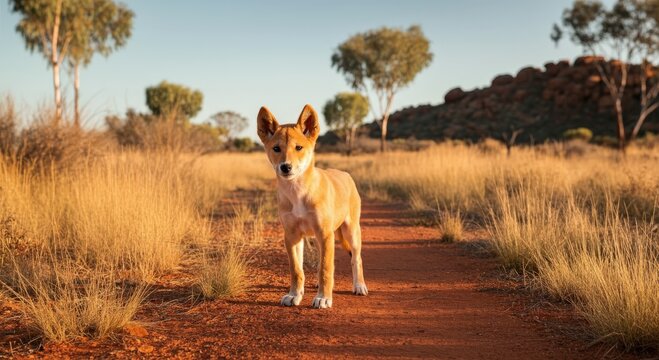 Australian outback adventure with lone dingo on red dirt path