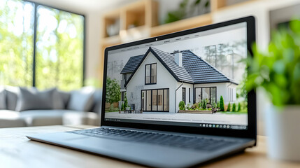 Laptop Displaying Modern House Architectural Design,  Online Home Search Result Shown on Screen in Bright Living Room