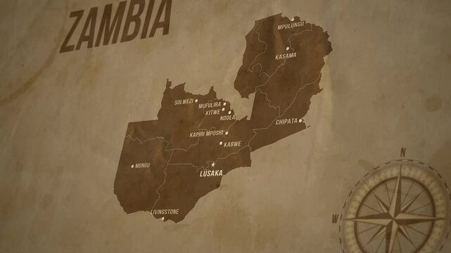 Vintage Map of ZAMBIA with states Borders and Major Cities Positions