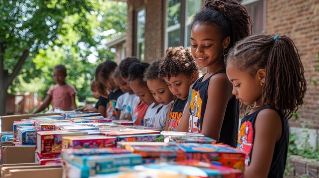 Smiling children gather around tables filled with colorful books while volunteers distribute reading materials in a vibrant community setting on a warm day, fostering a love for literacy - Powered by Adobe