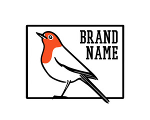 Vector card with hand drawn sweet Robin bird with orange breast in austere frame. Ink drawing, graphic style. Beautiful wild nature design elements, logo template