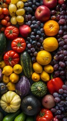 A colorful mix of fruits and vegetables with a retro vibe. Apples, lemons, tomatoes, and more are arranged in a nostalgic, vintage style.