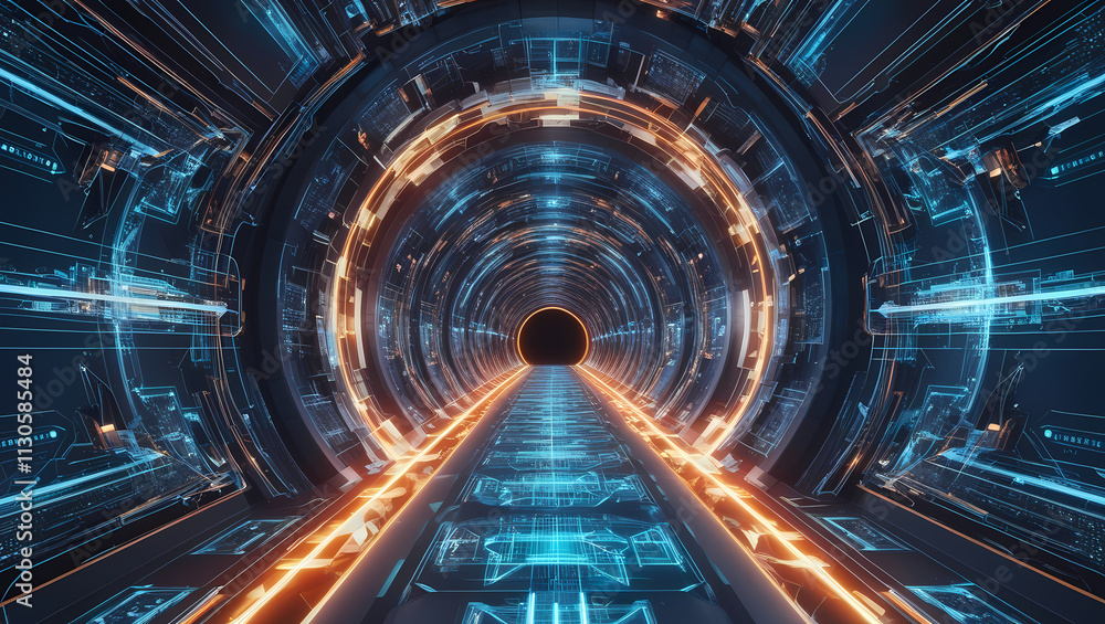 Poster futuristic digital tunnel: a mesmerizing journey into the heart of technology. abstract digital tunn