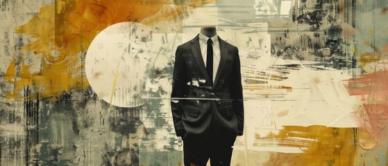 Fototapeta premium Digital artwork depicts a faceless businessman in a dark suit against a colorful abstract backdrop. Interconnected shapes create a surreal atmosphere.