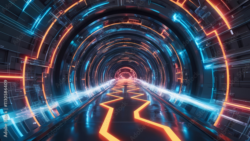 Poster cyberpunk neon tunnel: journey into a futuristic digital landscape. a lone figure walks down a vibra