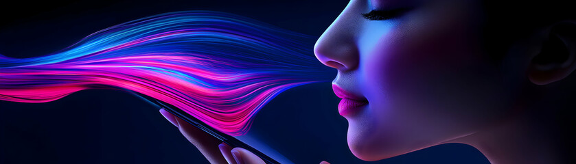 Abstract Digital Art, Woman Interacts with Vibrant, Flowing Neon Energy from Smartphone Screen, Creating a Surreal and Futuristic Scene
